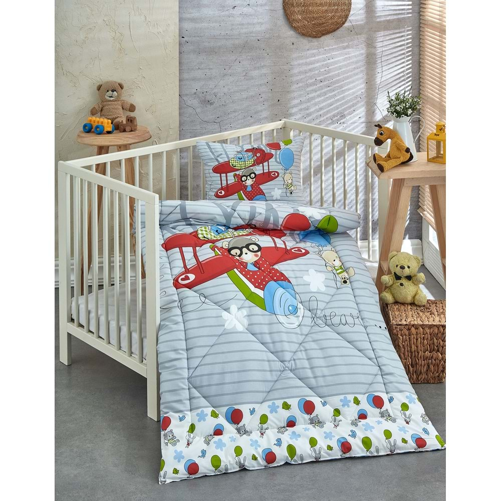 Komfort Home Baskılı %100 Pamuklu Silikon Elyaf Bebek Yorganı+Yastık