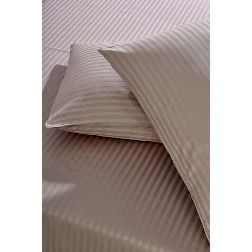 Komfort Home Tek Kişilik Çizgili Pamuk Saten Çarşaf Seti / Sütlü Kahve
