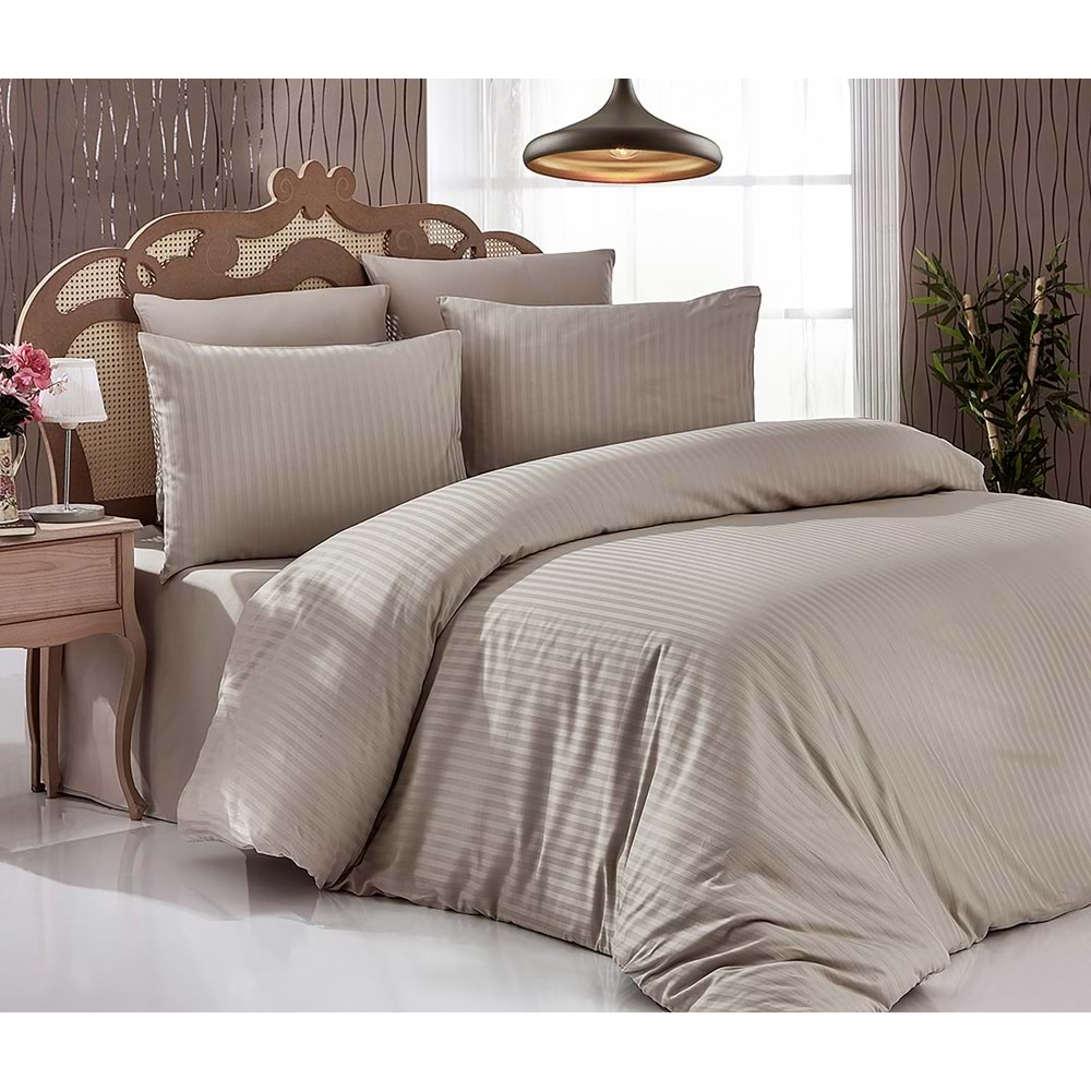 Komfort Home Çift Kişilik Çizgili Pamuk Saten Nevresim Seti (Sütlü Kahve)