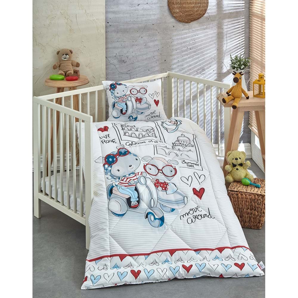 Komfort Home Baskılı %100 Pamuklu Silikon Elyaf Bebek Yorganı+Yastık
